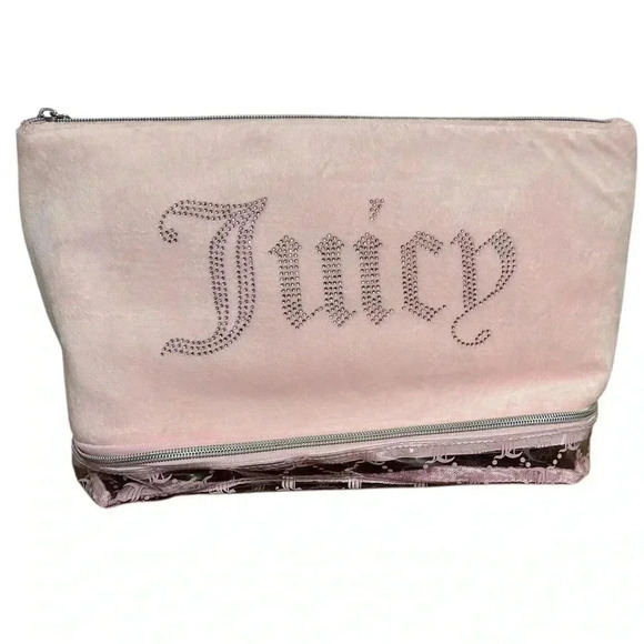 NWT Juicy Couture Baby Pink XL Rhinestone Cosmetics Travel Bag w/ Toiletry Area - Picture 1 of 6